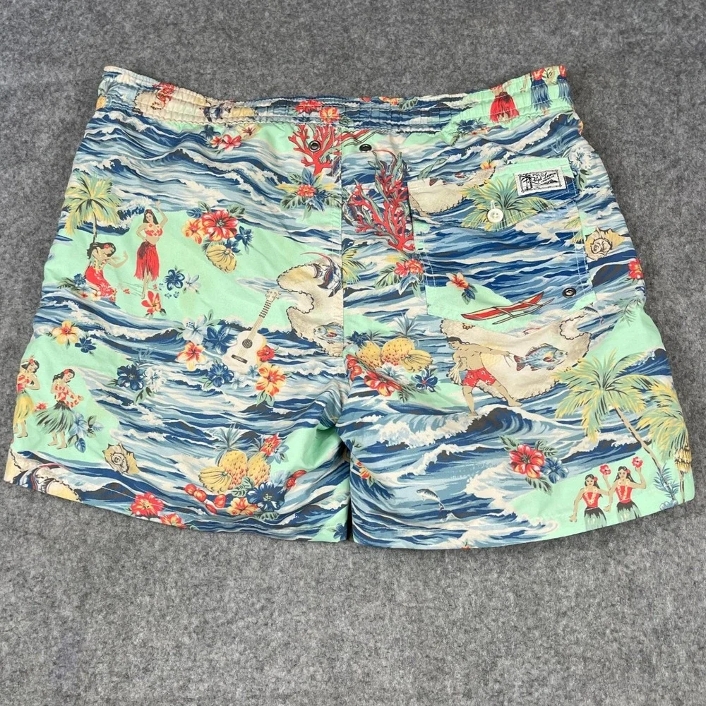 Polo Ralph Lauren Hawaiian Hula Scenic Print Swim Trunks Green Mens Small 6